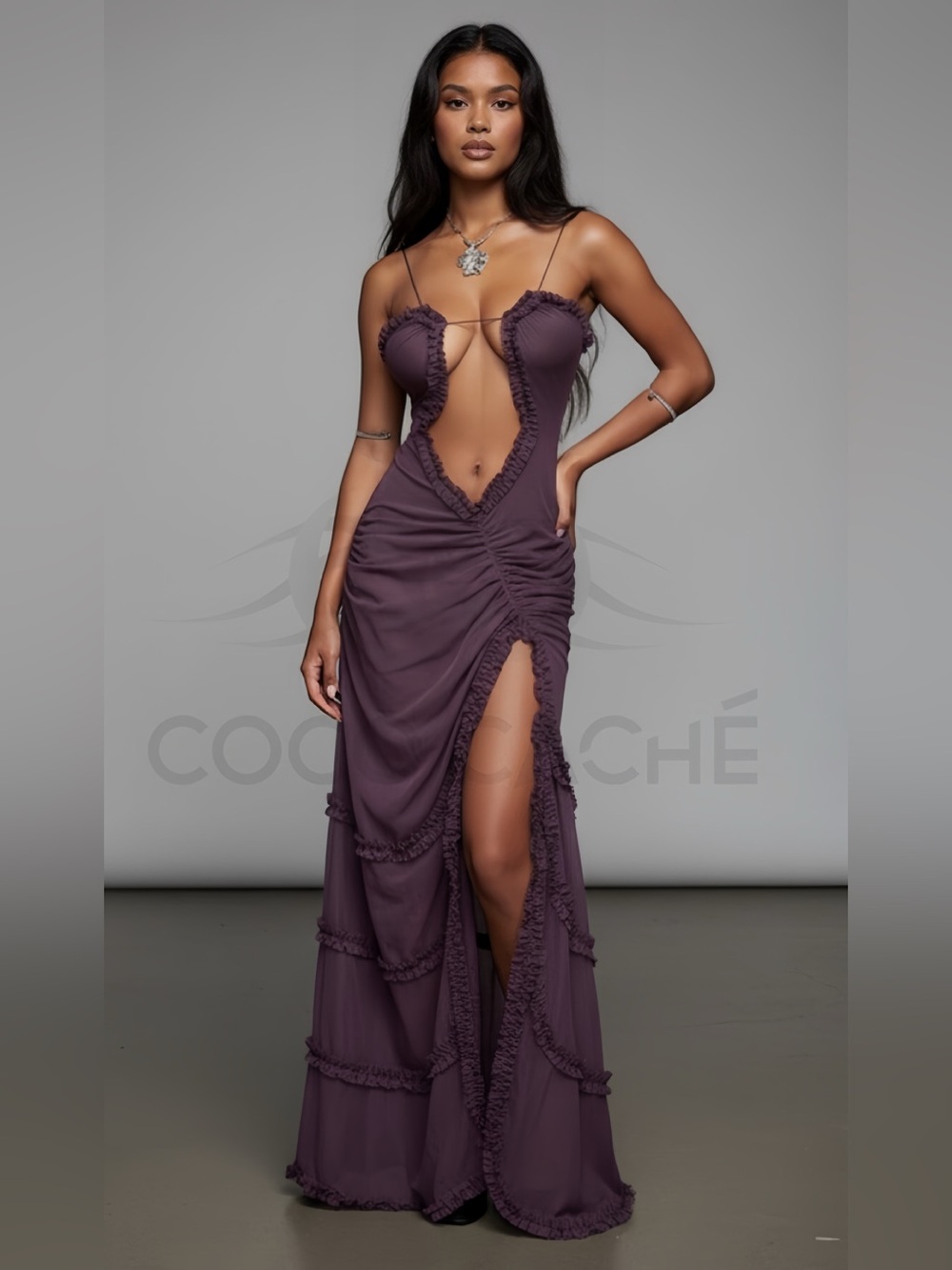 Elegant Cut-Out Ruffles Mesh Maxi Dress